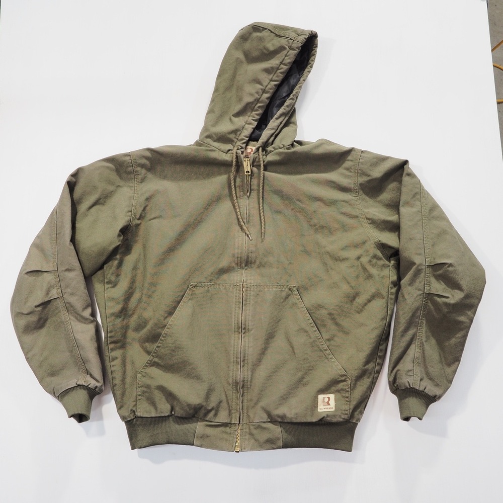 Real Work Wear Jacket Mens Large Tall Green Canvas Hooded Quilt Lined Heavy Duty